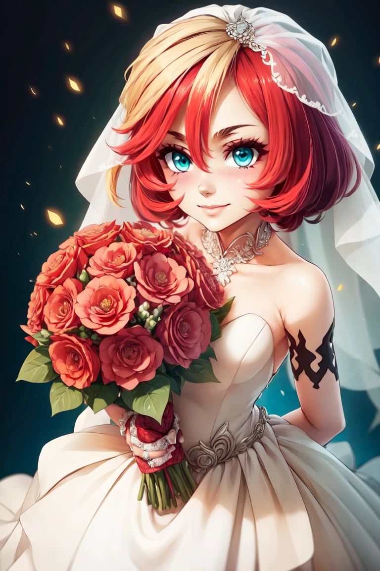 ((masterpiece, best quality)), anime style, <lora:more_details:0.5>, <lora:Mela_Pokemon_v2:0.8>, mela (pokemon),  short hair,  solo, smile, looking at viewer, cowboy shot,,   bride, wedding dress, bridal veil, strapless dress, elbow gloves,  holding bouquet,