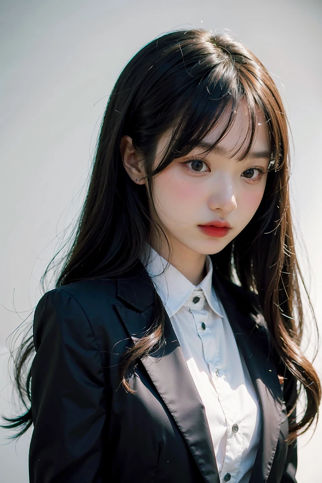 1girl, black formal attire, white background, <lora:mahnmook_lastidol-02:1>