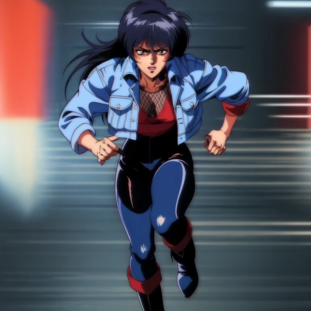 <lora:MikawaYou012:0.8>,<lora:add_detail:0.5>,<lora:noline:0.3>,<lora:boldline:-0.3>,
MikawaYou,1woman,black hair,longhair,brown eyes,
blue denim jacket,red shirt,fishnets top,
black pants,
boots,
retro artstyle,
1980s (style),
running,motion lines,motion_blur,speed_lines,