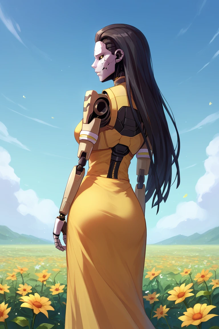 score_9, score_8_up, score_7_up, BREAK, 1girl, solo,  <lora:ashtf-guy-PONYv1:.9>, ashtf, android, black sclera, robot, humanoid robot, cracked skin, glowing, outdoors, flower field, from behind, yellow sundress, cable hair, looking back, long hair, black hair,