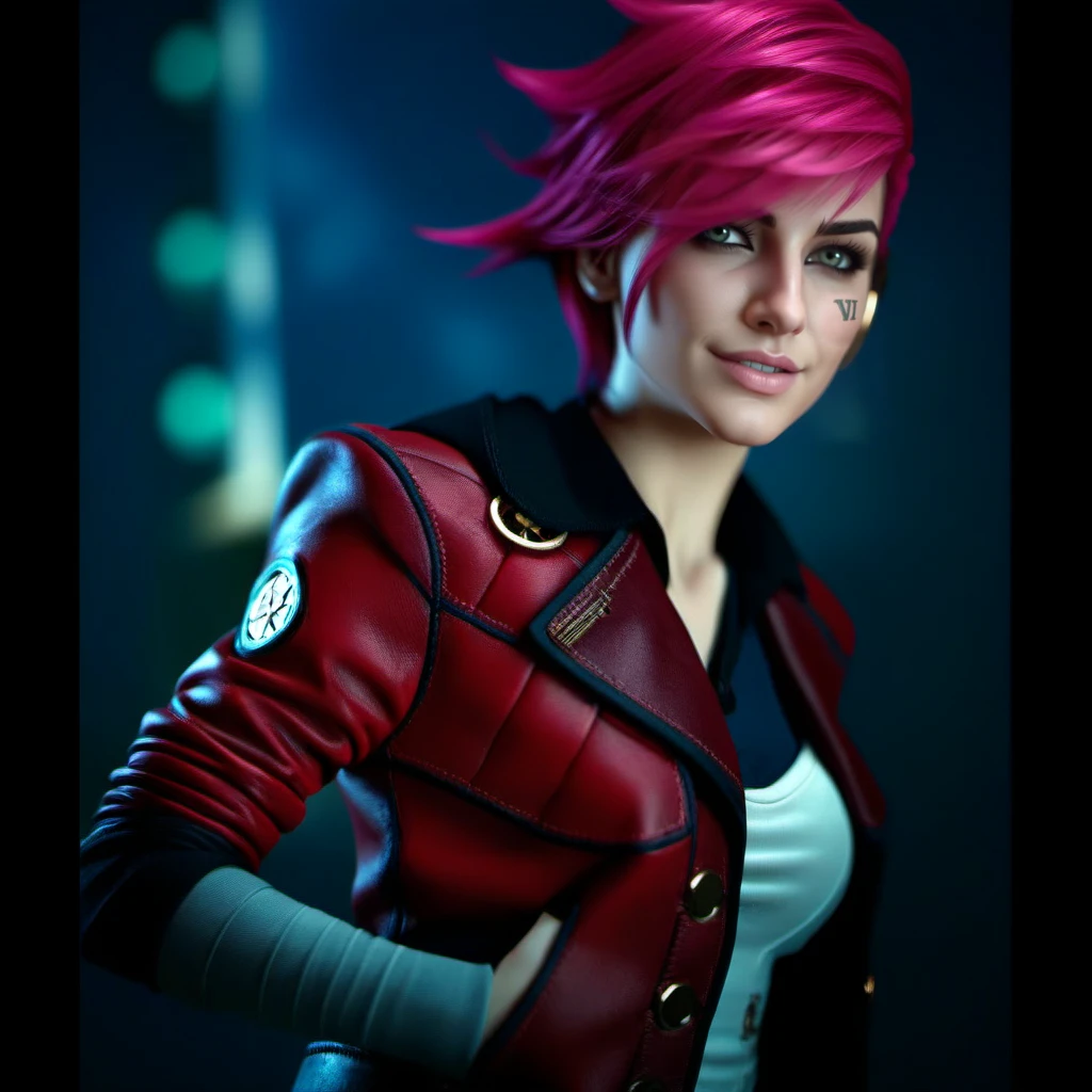 a woman, full body, pink hair, red jacket, hand in jacket pocket steampunk city background, (((text ''VI''))) <lora:Vi1024-V2:0.8>