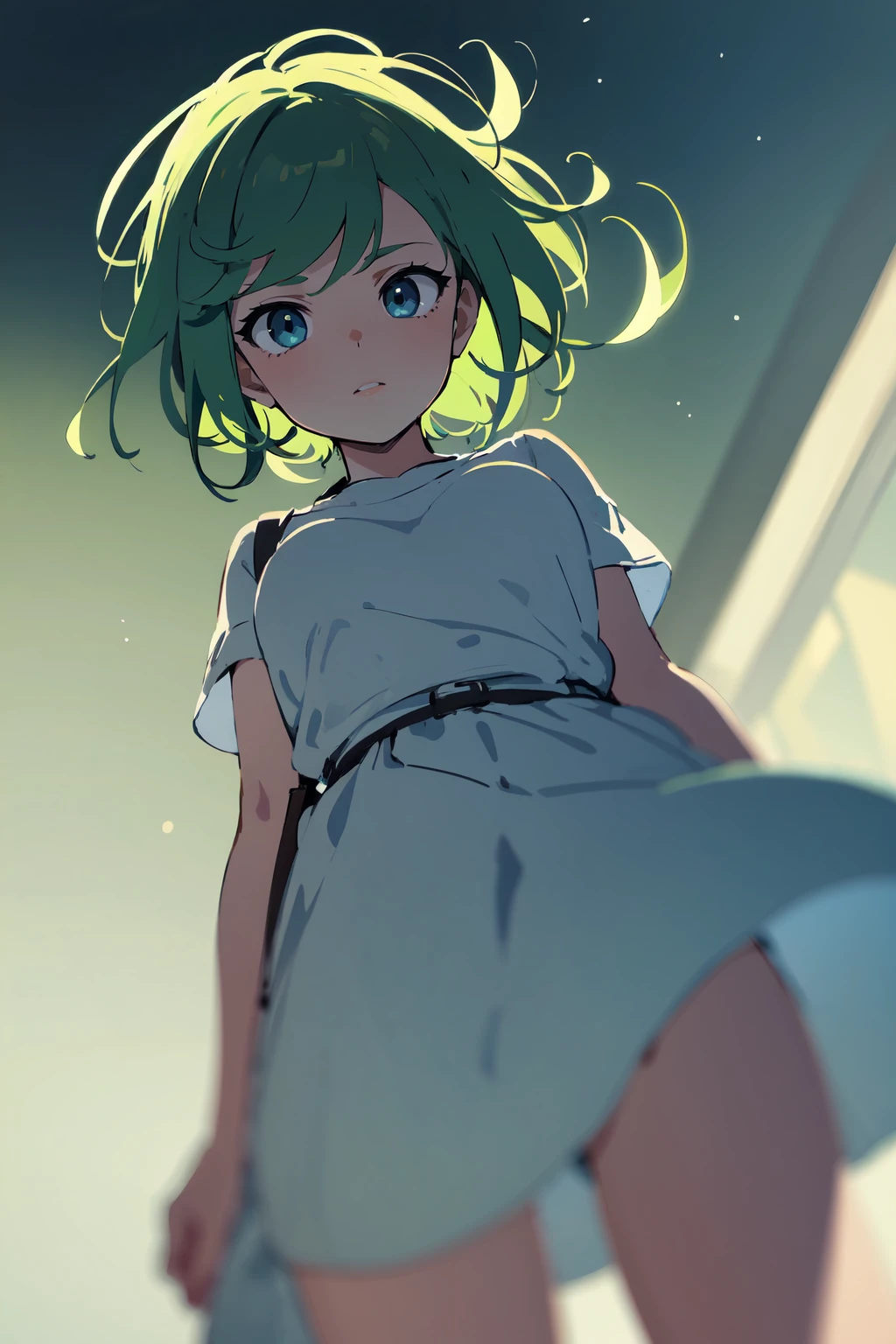 masterpiece,high quality,highres,1girl,solo,cowboy shot,tailwind,(blue eyes , green hair ),short hair ,from below ,dark background,blurry background ,<lora:wind-tailwind-v1-wasabiya:1>,