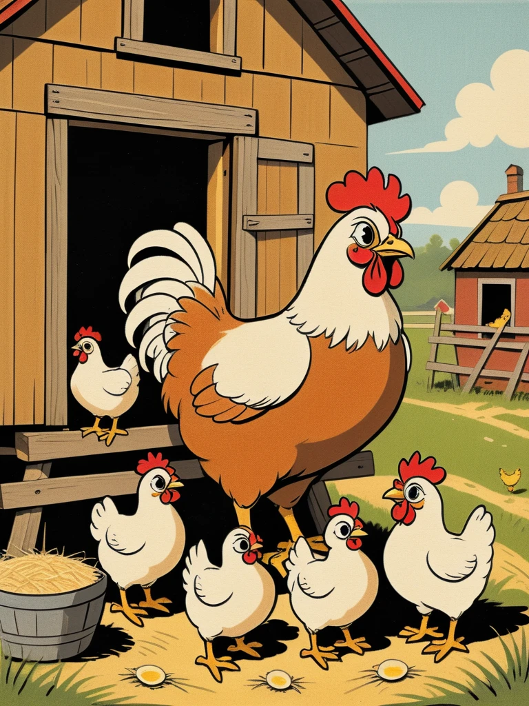 (old cartoon illustration:1.1) of
a beautiful hen with her three children on a bale of straw in a chicken coop, typical country life,
<lora:A_RubberHose_Character_v2_SDXL:1.2> rubber_hose_character,