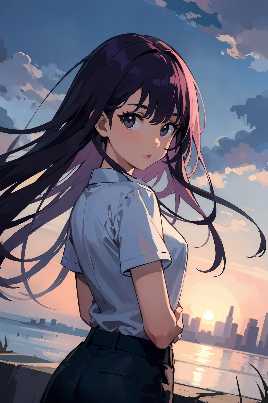 masterpiece,high quality,highres,1girl,solo,outdoors,<lora:wind-headwind-v1-wasabiya:1>,headwind,looking at viewer,long hair,(black eyes , purple hair ),arms behind back,floating hair,