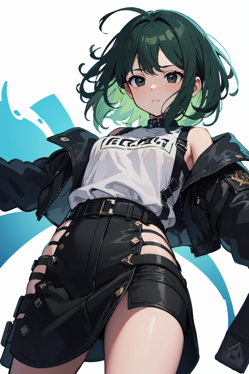 masterpiece,high quality,highres,1girl,solo,cowboy shot,tailwind,(black eyes , green hair ),medium hair ,from below ,white background ,,,<lora:wind-tailwind-v1-wasabiya:1>,