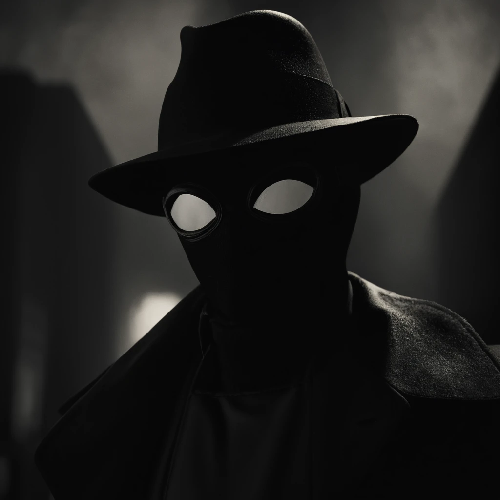 cinematic film still of  <lora:Spider-Man Noir:1>
Spider-Man Noir a man in a black coat and a hat in Marvel Noir universe,1boy,hat,upper body,male focus,multiple boys,2boys,mask,fedora , dark theme, cinematic noir, dramatic Light, shallow depth of field, vignette, highly detailed, high budget, bokeh, cinemascope, moody, epic, gorgeous, film grain, grainy