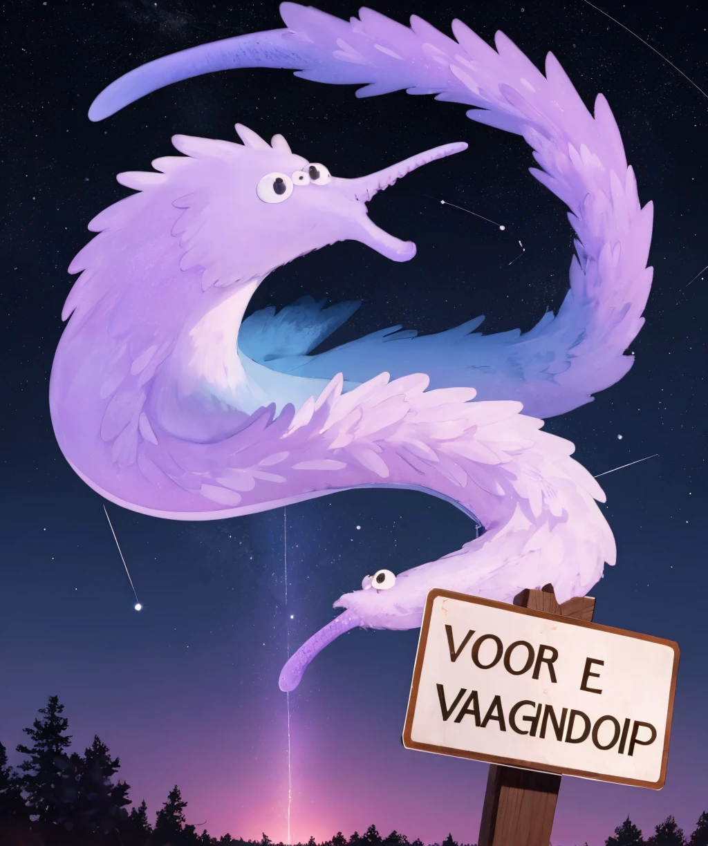 worm_god,meme,whatsolo,looking at viewer,creature,simple background,tail,glasses,night,star (sky),night sky,starry sky,sign,silhouette,purple theme,<lora:worms-10:1>,