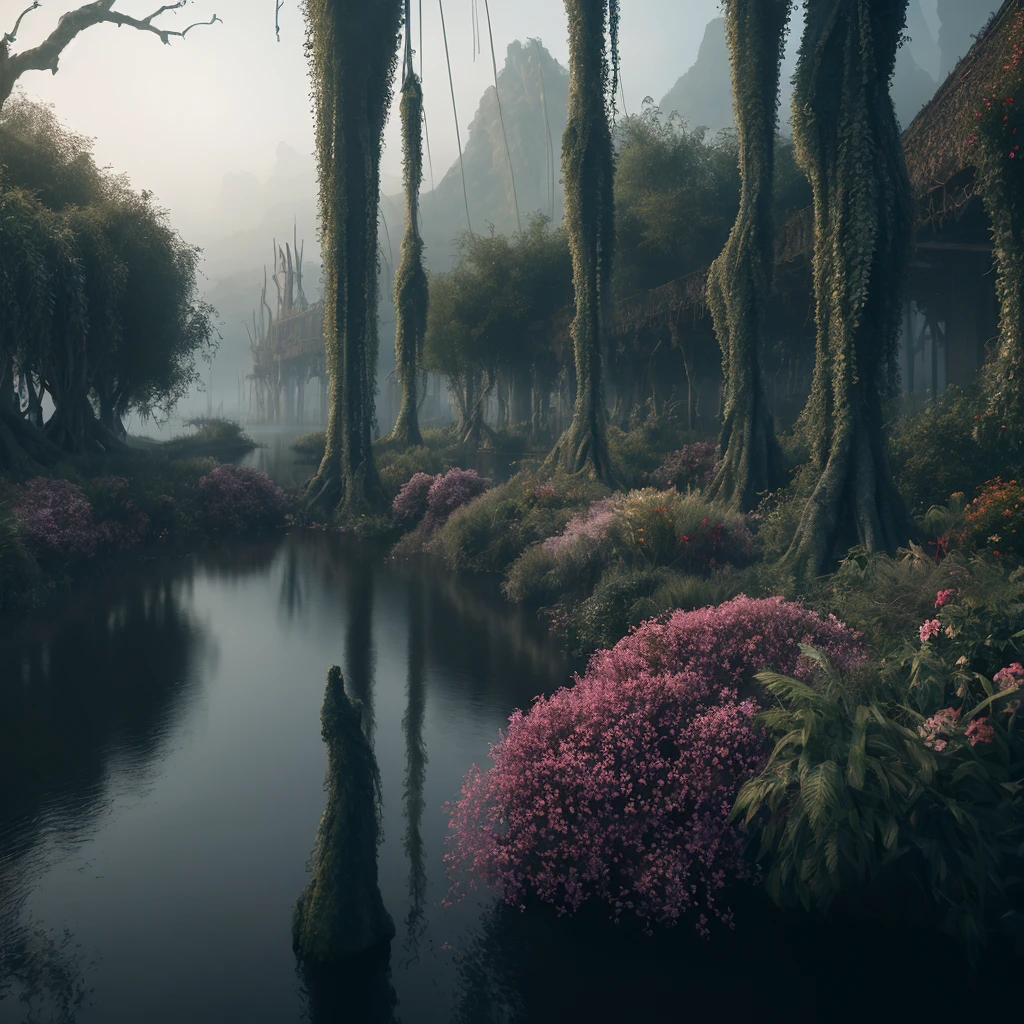 (cinematic atmosphere RAW photo shot by dslr Fujifilm XT3,Lifelike textures) BREAK hyper realistic high detail raytracing octane render. Foggy Sea of Darkness. Darkly beautiful. Marshland river delta. Twisted trees and muted colored flowers. Hanging vines. Ruined fantasy medieval city in background and jagged mountain peaks