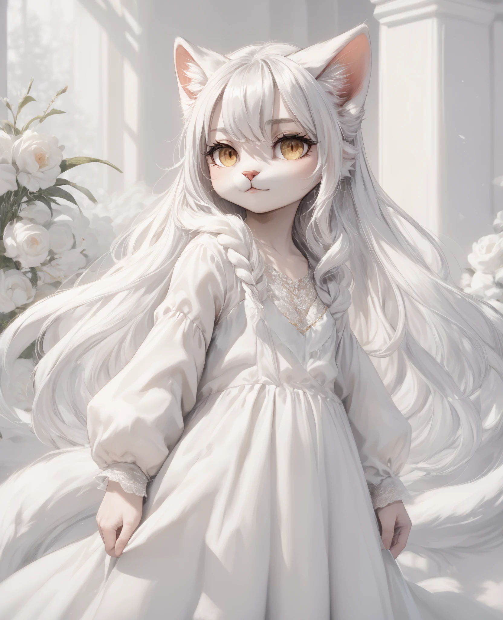 score_9, score_8_up, score_7_up, source_4k, rating_safe,  <lora:arctic cat girl_LORA:0.9>  cat , 1girl, yellow eyes, white hair, very long hair, white dress, beautiful delicate eyes, Warm colors, pleasant and friendly, facing forward