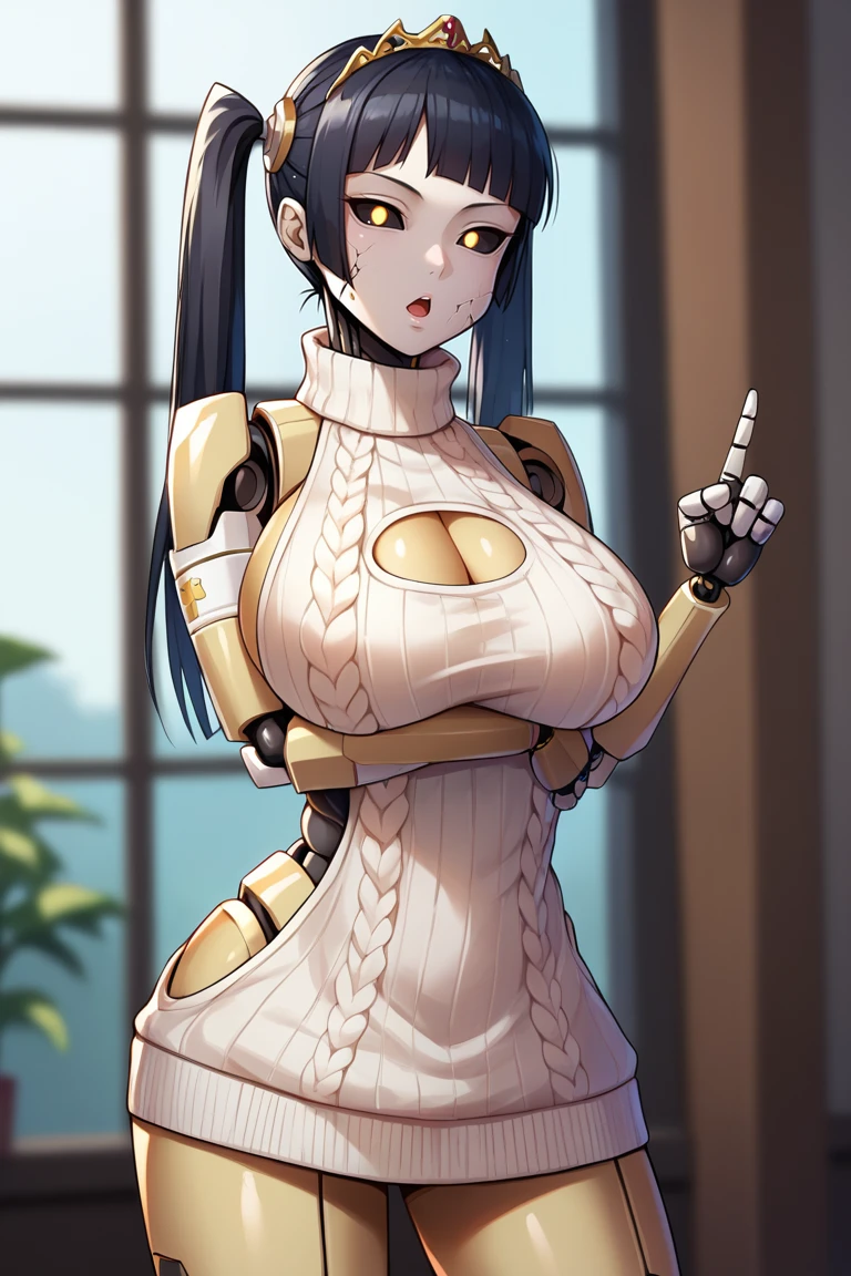 score_9, score_8_up, score_7_up, BREAK, 1girl, solo,  <lora:ashtf-guy-PONYv1:.9>, ashtf, android, black sclera, robot, humanoid robot, cracked skin, glowing, breasts, tiara, large breasts, cleavage, clothing cutout, arm under breasts, open mouth, cleavage cutout, sweater, blurry background, bare shoulders, thighs, sleeveless, blurry, virgin killer sweater, looking at viewer, index finger raised, turtleneck sweater, meme attire, turtleneck, cowboy shot, sleeveless sweater, sweatdrop, twintails, black hair,