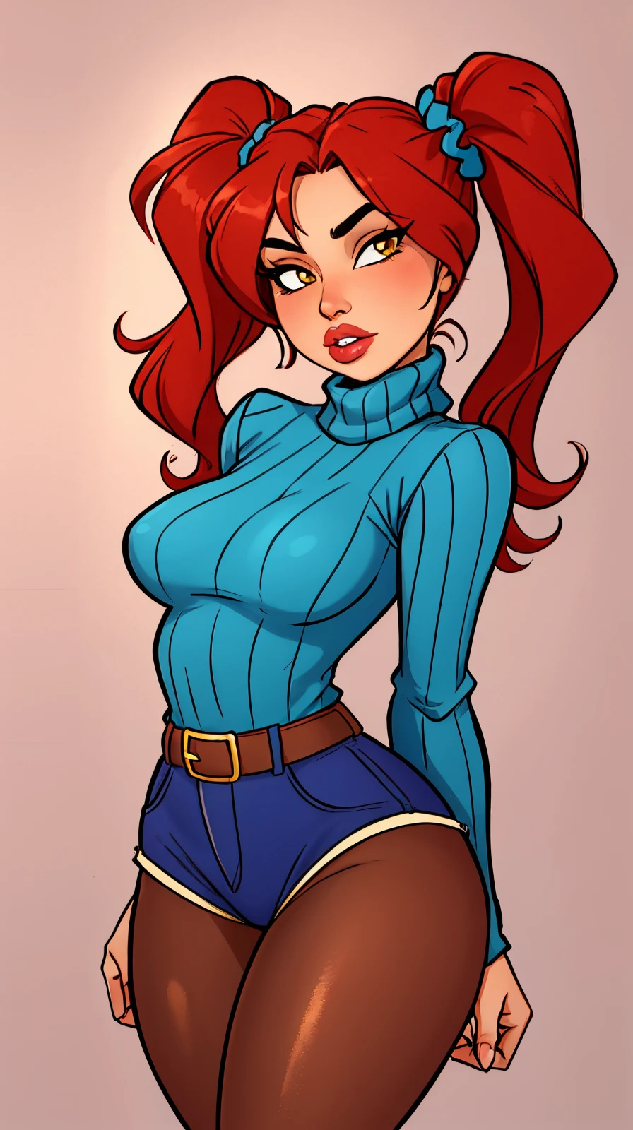 masterpiece, best quality, 1girl, solo, redhair, twintails, very long hair, yellow eyes, hair scrunchie, looking at viewer, lips, parted lips, cowboy shot, pantyhose, short shorts, turtleneck, ribbed sweater,
