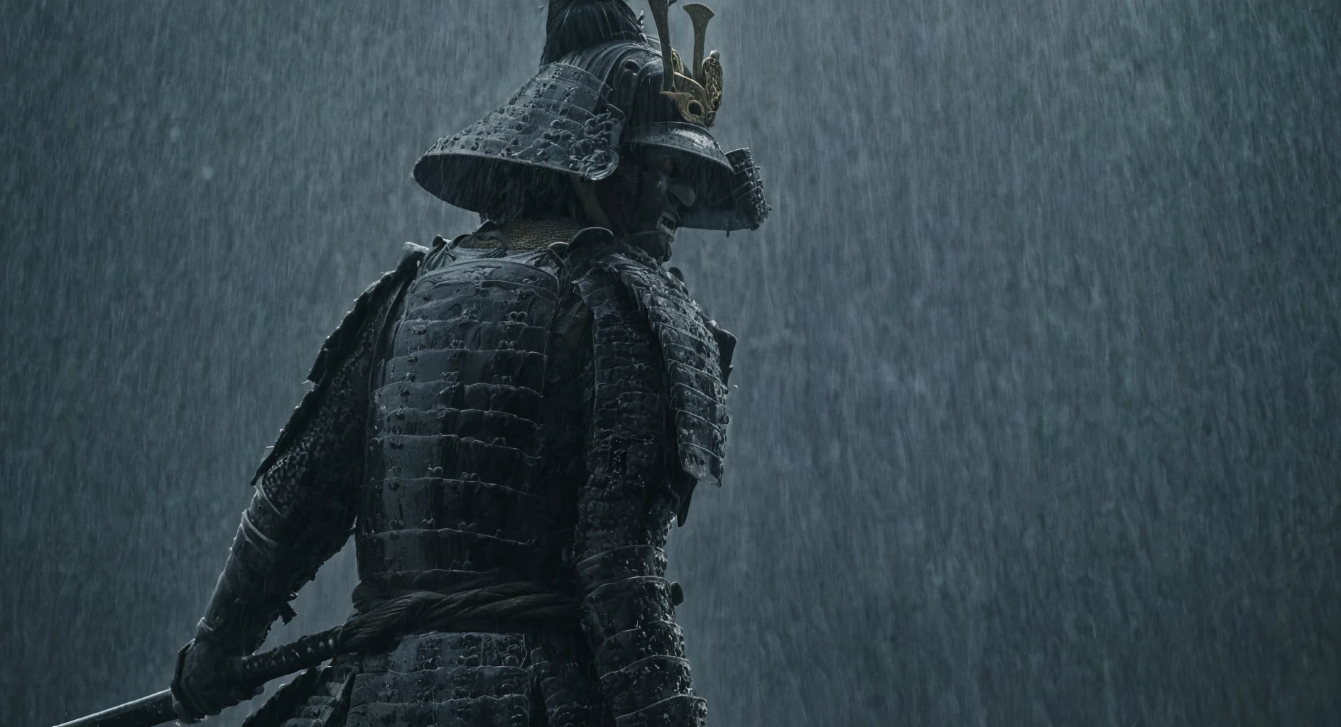 cinematic film still of  <lora:shogun style:1>
Shogun two men in armor standing in the rain,holding,upper body,weapon,male focus,outdoors,multiple boys,teeth,sword,holding weapon,armor,facial hair,watermark,holding sword,katana,3boys,helmet,clenched teeth,shoulder armor,sheath,beard,rain,4boys,mustache,japanese armor,old,old man,sode,kote,samurai,kusazuri,kabuto (helmet) , Japanese culture, Samurai, armor, warrior, horror theme, Shogun style, shallow depth of field, vignette, highly detailed, high budget, bokeh, cinemascope, moody, epic, gorgeous, film grain, grainy