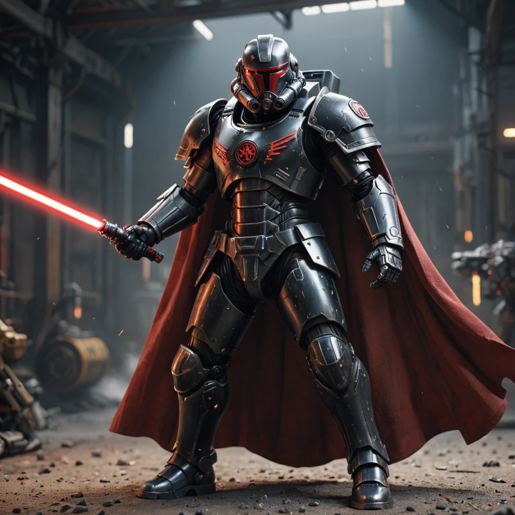 Marine power armor, black cape, holding a red lightsaber, warhammer 4k, dynamic pose, full body shot, epic, cinematic, 8k,

, detailed background, cinematic atmosphere,(hyperdetailed photography:1.3), epic, awardwinning, masterpiece, beautiful detailed, raytracing, octane render, sharp focus, 35nm dof, bokeh, trending on artstation,