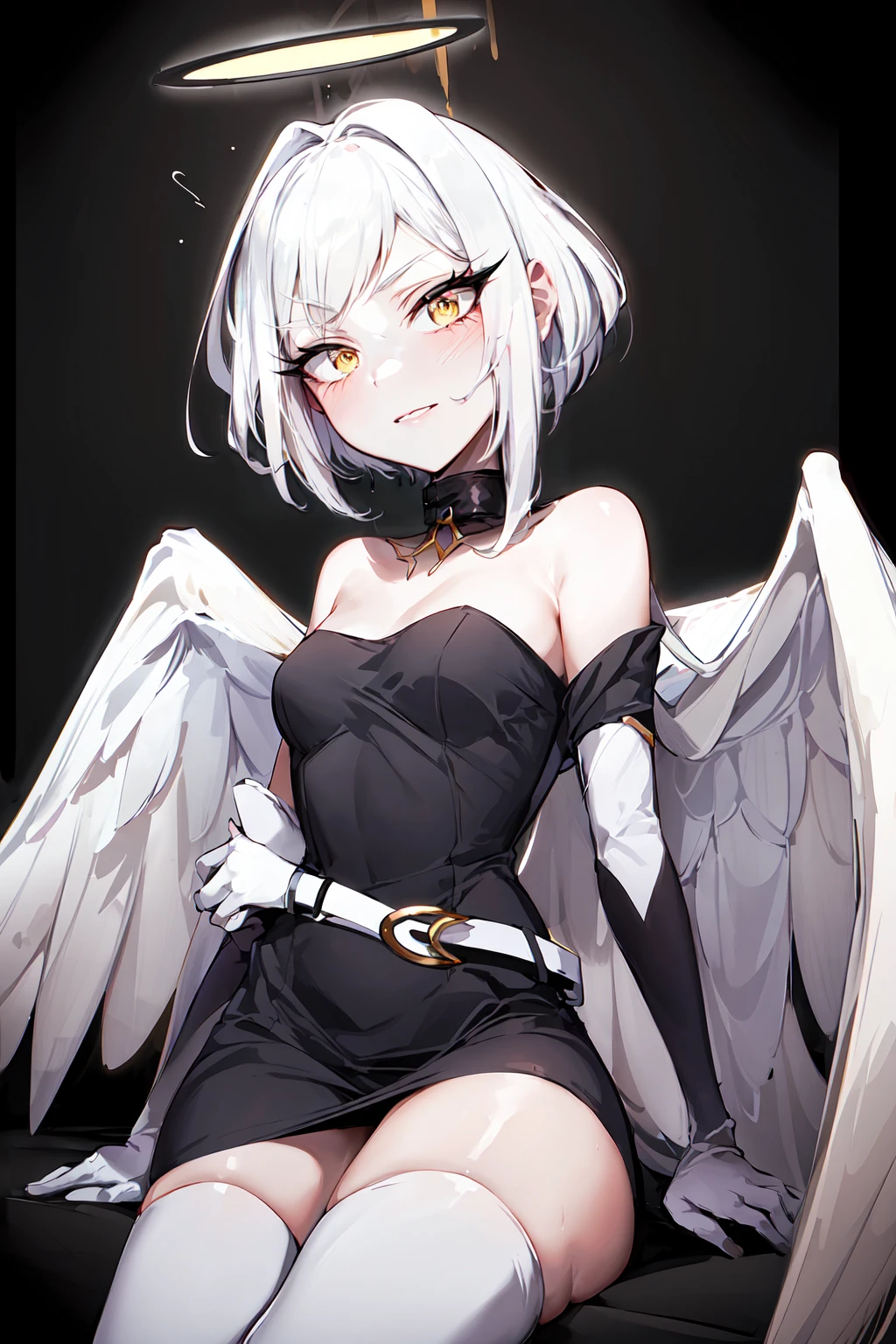 masterpiece, best quality, highres, mature female, 1girl, solo, hazbin hotel, hazbinlute, unmasked, pale gray skin, angel, angel wings, white angel wings, black wings border, white hair, short hair, yellow eyes, halo, (black halo, black aura, black aureola), black clothes, turtleneck dress, (white belt, white elbow gloves, white thigh boots, metal mock collar), <lora:Lute_Hazbin_Hotel:1> , <lora:add_detail:0.5>