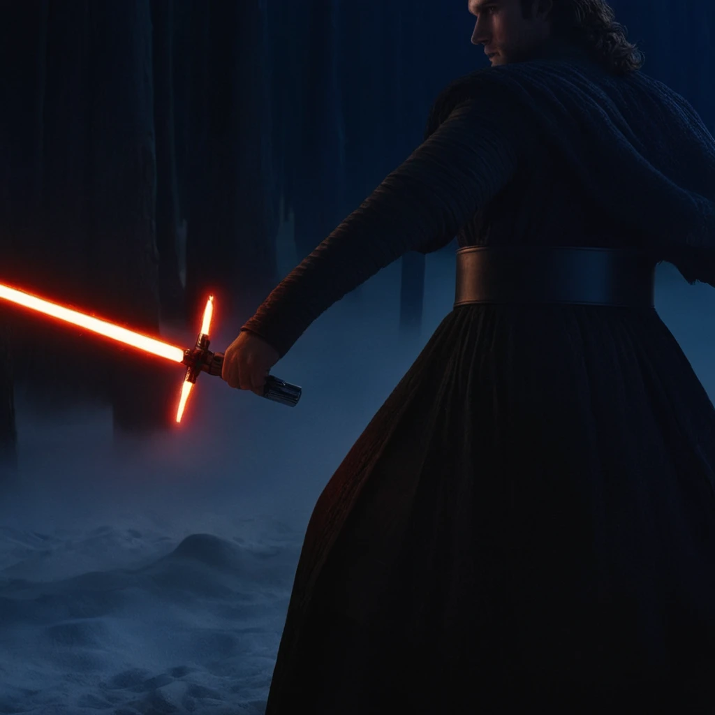 UHD, 4k, ultra detailed, cinematic, a photograph of  <lora:Crossguard quillons_lightsaber:1>
 a person in a dark robe holding a light saber in star wars universe, epic, beautiful lighting, inpsiring