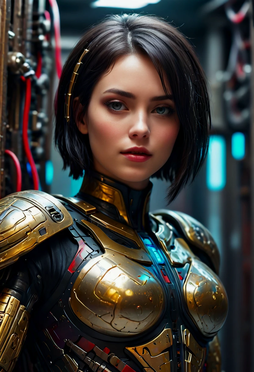 (InquisitorKatarinyaGreyfax), ((FACE ,yvraine)), Inquisitor, , power armor, short hair, black hair, bionic eye,