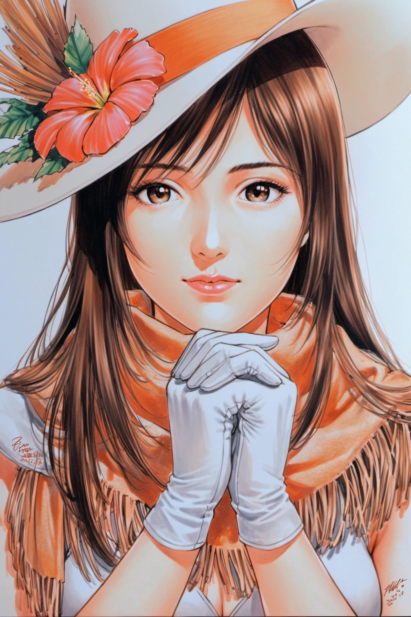 solo,gloves,1girl,hat,brown eyes,flower,brown hair,signature,lips,white background,white gloves,long hair,own hands together,hat flower,scarf,dated,traditional media,simple background,own hands clasped,<lora:Tsukasa Hojo_XL:0.8>,