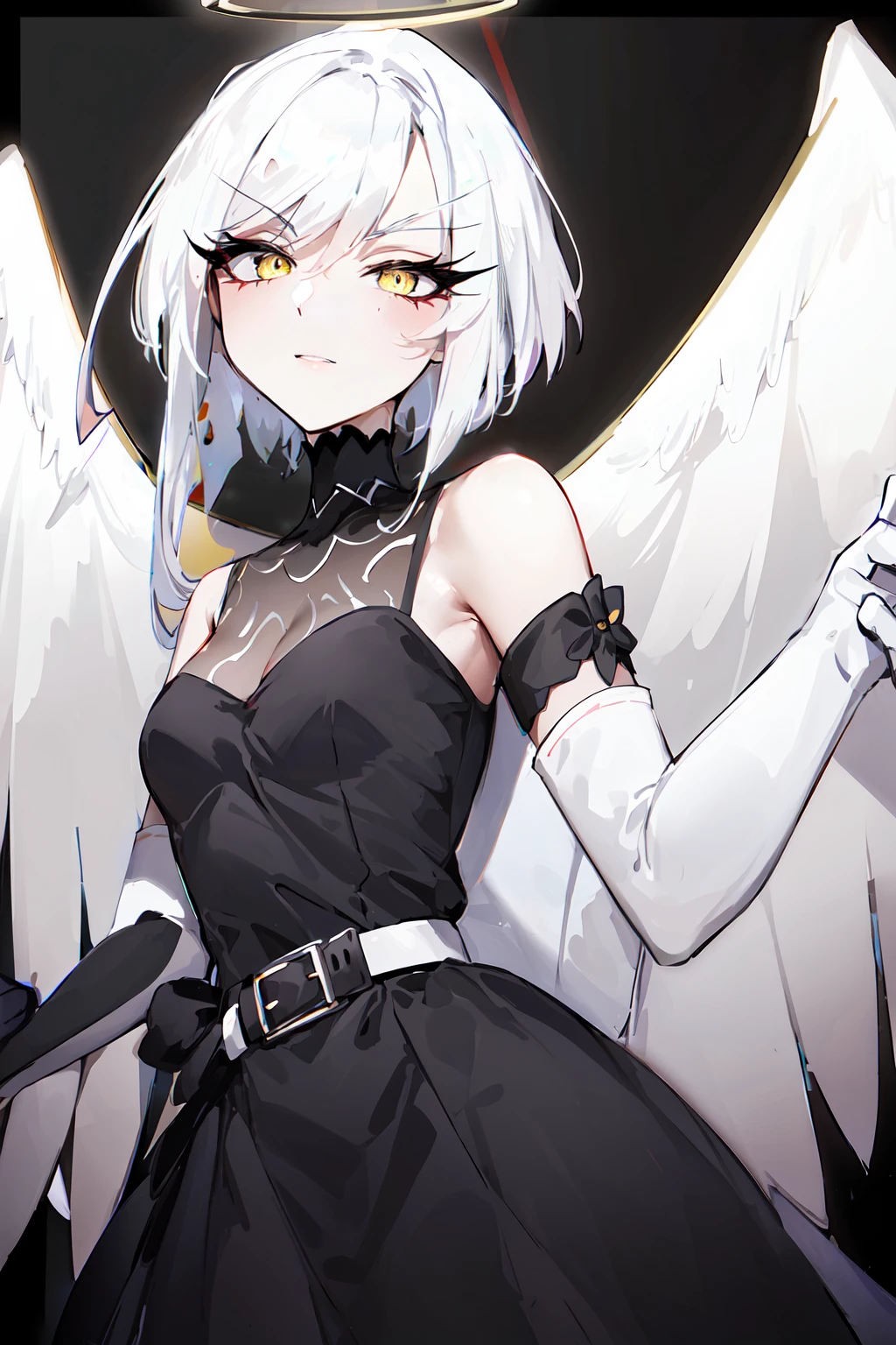 masterpiece, best quality, highres, mature female, 1girl, solo, hazbin hotel, hazbinlute, unmasked, pale gray skin, angel, angel wings, white angel wings, black wings border, white hair, short hair, yellow eyes, halo, (black halo, black aura, black aureola), black clothes, turtleneck dress, (white belt, white elbow gloves, metal mock collar), <lora:Lute_Hazbin_Hotel:1>