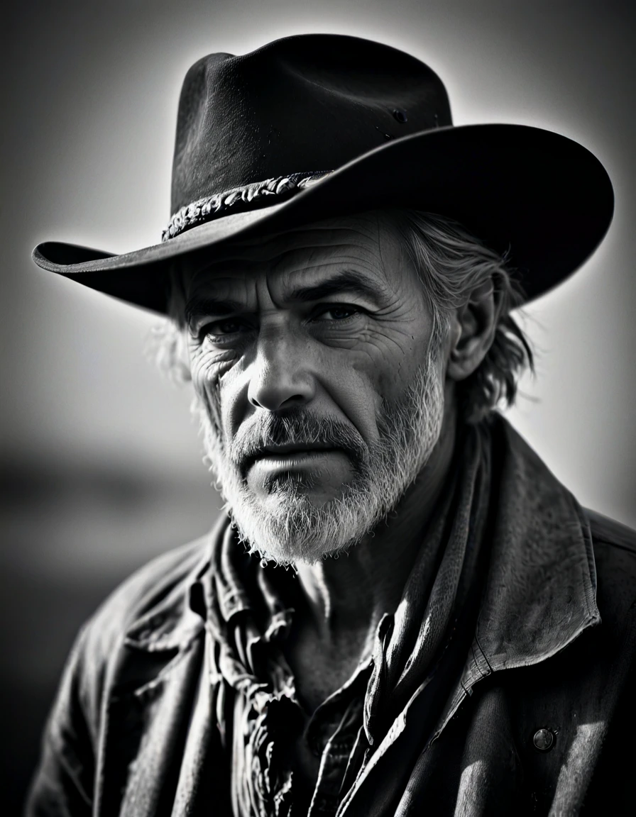 Film noir style grizzled old cowboy, cowboy shot, old stetson cowboy hat, bandana around his neck, skin pores, pores, stringy greasy hair, short gray beard, dark grim fantasy, looking at side, in a dust storm, . Monochrome, high contrast, dramatic shadows, 1940s style, mysterious, cinematic