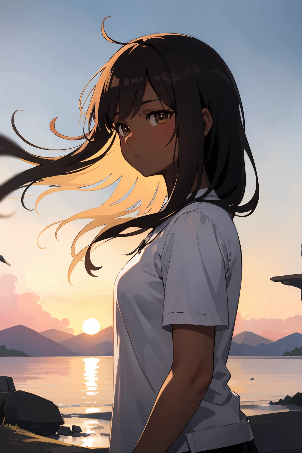 masterpiece,high quality,highres,1girl,solo,<lora:wind-leftside-v1-wasabiya:1>,sidewind,outdoors,,,dark skin, dark-skinned female ,(brown eyes , brown hair ),long hair,sunset,