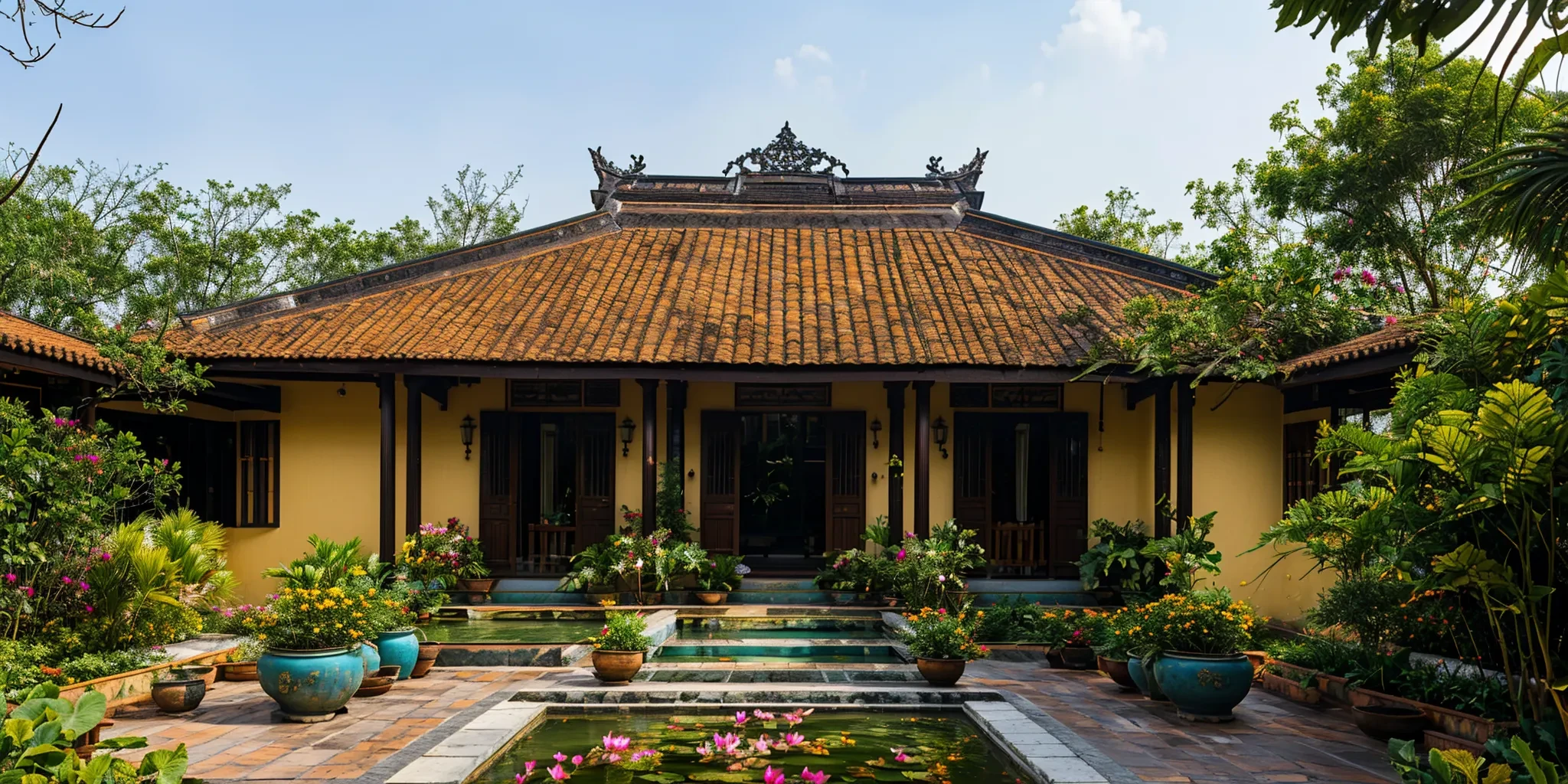 photograph, exterior, vietnamese heritage house, symmetrical facades,  bungalow, terracotta tiled gable roof, yellow ochre walls, centre lotus pond, wooden doorways, open veranda, serene atmosphere, colonial influences, lush potted plants, terracotta floor, tropical plantings, verdant potted plants on porch, soft shadows, tranquil, overcast sky,<lora:AIDVN_VietnameseHeritageHouse_v05:0.7>