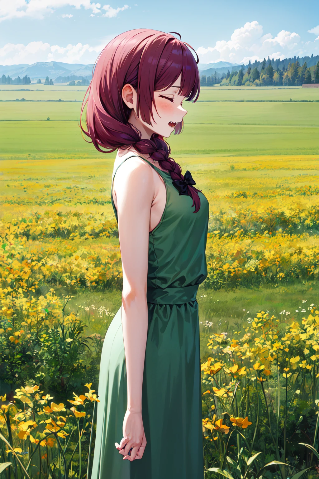 masterpiece, best quality, highres, aakikuri, long hair, single braid, hair bow, hair over shoulder, closed eyes, sharp teeth, medium breasts, green dress, sleeveless, <lora:hiroi_kikuri_v1:0.7>, from side, field, outdoors, standing