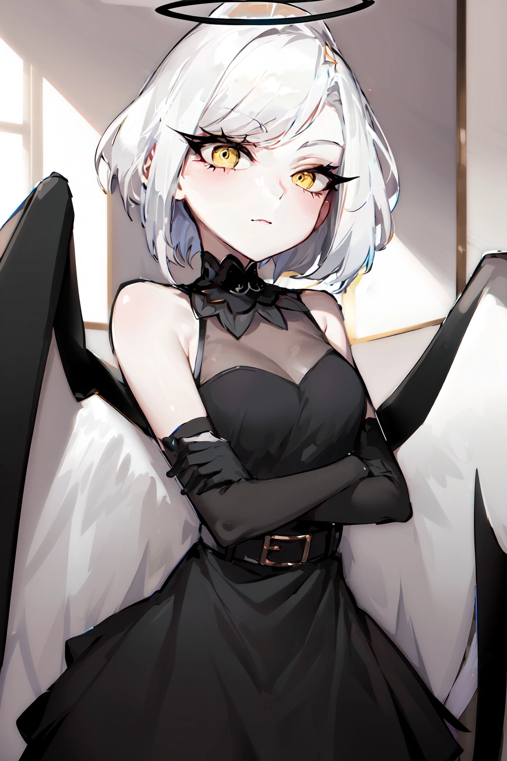 masterpiece, best quality, highres, mature female, 1girl, solo, hazbin hotel, hazbinlute, unmasked, pale gray skin, angel, angel wings, white angel wings, black wings border, white hair, short hair, yellow eyes, halo, (black halo, black aura, black aureola), black clothes, short sheath dress, white belt, gray elbow gloves, metal mock collar, <lora:Lute_Hazbin_Hotel:1>