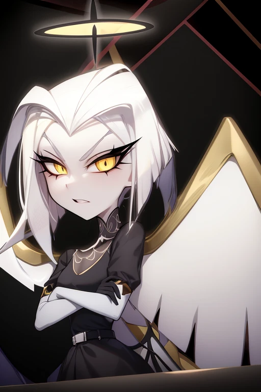 cartoon style, at hell, hellfire, hazbin hotel, hazbinlute, unmasked, pale gray skin, angel, angel wings, white angel wings, black wings border, white hair, short hair, yellow eyes,  halo, black halo, black aura, black aureola, black clothes, belt, elbow gloves, <lora:Lute__Hazbin_Hotel:1>, looking at viewer, <lora:add_detail:0.3>