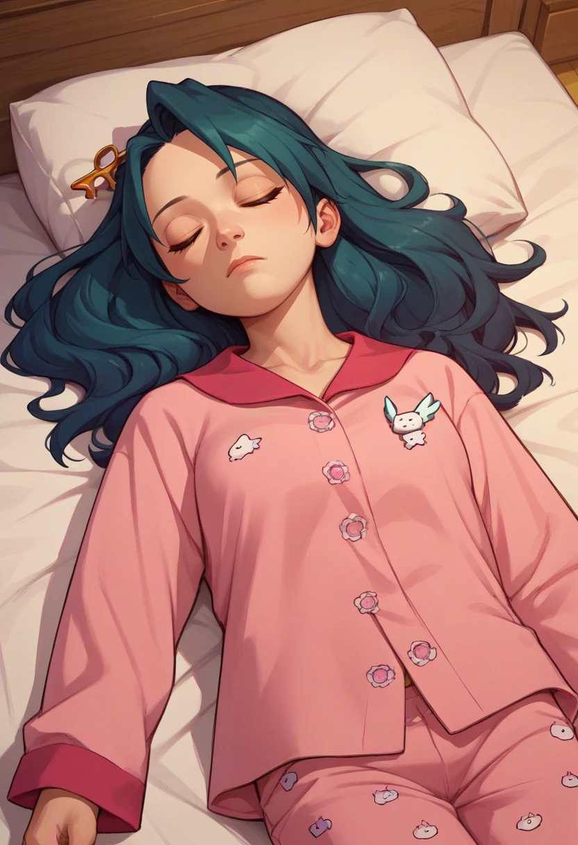 score_9, score_8_up, score_7_up, source_anime, rating_safe, from above, solo, 1girl, kay faraday, sleeping, lying, on back, long hair, closed eyes, pink pajamas, bed <lora:aai_kayfaraday_ponyXL:1>