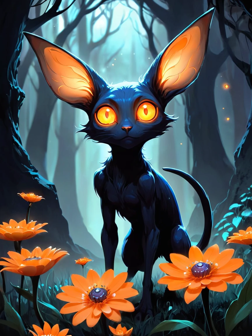 The concept in the image portrays a mystical creature with large, luminescent, orange eyes and elongated ears that seem to be glowing. The creature is surrounded by an ethereal atmosphere with floating elements, and there are small orange flowers interspersed around it. The backdrop is a dark, swirling, and magical environment, emphasizing the otherworldly and enchanting nature of the creature.
The image is compositionally balanced with the creature centered and slightly tilted to the viewer's left. The glowing eyes are a strong focal point, drawing attention immediately. The surrounding dark environment creates a contrast, making the creature and its glowing elements stand out more prominently. The small orange flowers scattered around the creature add an additional layer of depth and interest to the image.
The image has a fantasy-inspired artistic style, characterized by its surreal and ethereal elements. The color palette is rich and moody, dominated by dark blues, blacks, and contrasting bright orange, creating a sense of mystique and wonder. The creature is depicted with exaggerated features, such as large ears and glowing eyes, which add to its otherworldly appearance.
The atmosphere of the image is mysterious, magical, and somewhat eerie. The dark, swirling background and floating elements create a sense of otherworldliness. The glowing eyes and luminescent ears of the creature add a touch of warmth and intrigue. Overall, the emotion conveyed is one of wonder and curiosity, drawing the viewer into the enchanting world of the image.