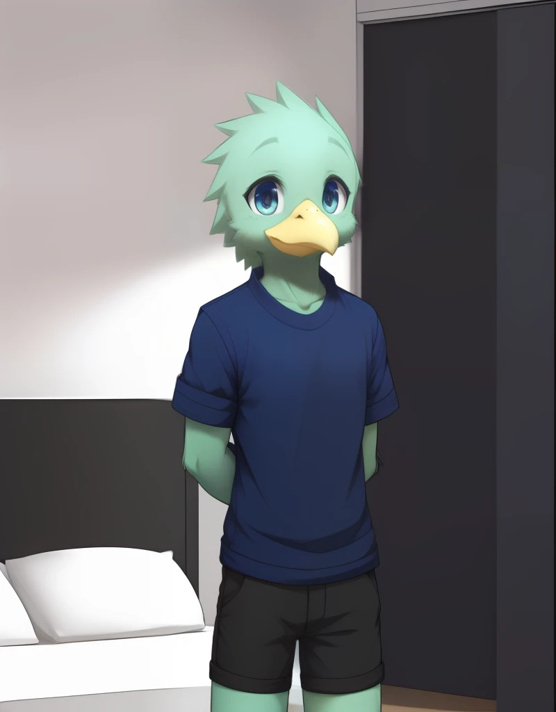 (((detailed eyes, detailed face))), (furry, yuuki <lora:character_yuuki_findigo_v2:1>, green hair, spiked hair, bird boy, avian), male, (solo), (plump), (black jacket, short sleeves, grey pants, blue shirt), sitting, (arms behind back), smile BREAK (konzaburou, ukan_muri, cute), (bedroom), (flat shading, flat color, high brightness), 8k, UHD, masterpiece, (full body)