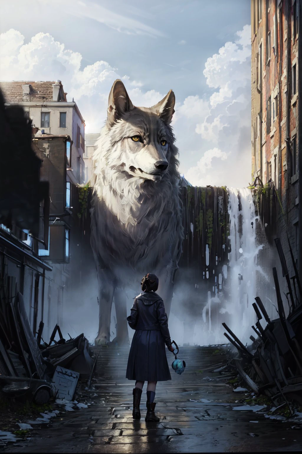 CONCEPT_Oversized_Animal_ownwaifu, gray_wolf, 1girl, outdoors, cloud, standing, sky, from behind, day, oversized animal, ((masterpiece)),((best quality)),(highres), bokeh, depth_of_field, sunlight, scenery, ruins, waterfall, looking at viewer, solo,
