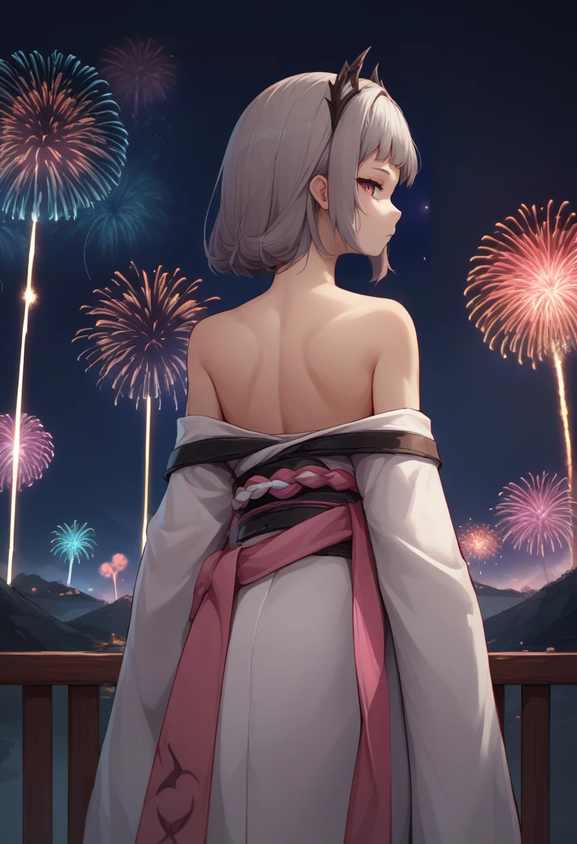 score_9, score_8_up, score_7_up, source_anime, from behind, solo, 1girl, irenedef, expressionless, looking back, grey hair, head wings, white kimono, off shoulder, pink sash, bare shoulders, fireworks <lora:arknights_irene_ponyXL:1>