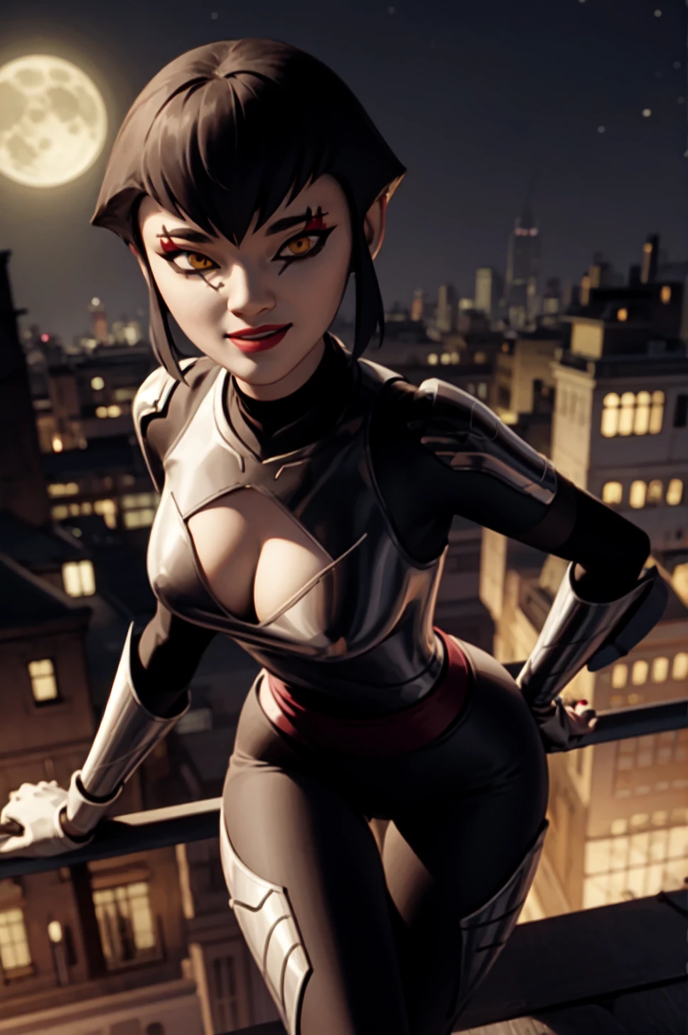 karai, yellow eyes, short hair, black hair, two-tone hair, makeup, 1girl, solo, large breasts, cleavage cutout, skin tight, night, roof, cityscape, moonlight, medium shot, smile