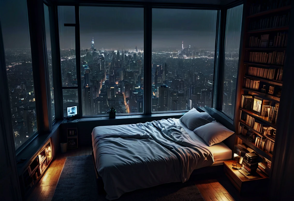 moody aesthetic, beautiful cozy, cramped bedroom with floor to ceiling glass windows overlooking a cyberpunk city at night, view from top of skyscraper, white bedsheets, bookshelves, thunderstorm outside with torrential rain, detailed, high resolution, photorrealistic, dark, gloomy,