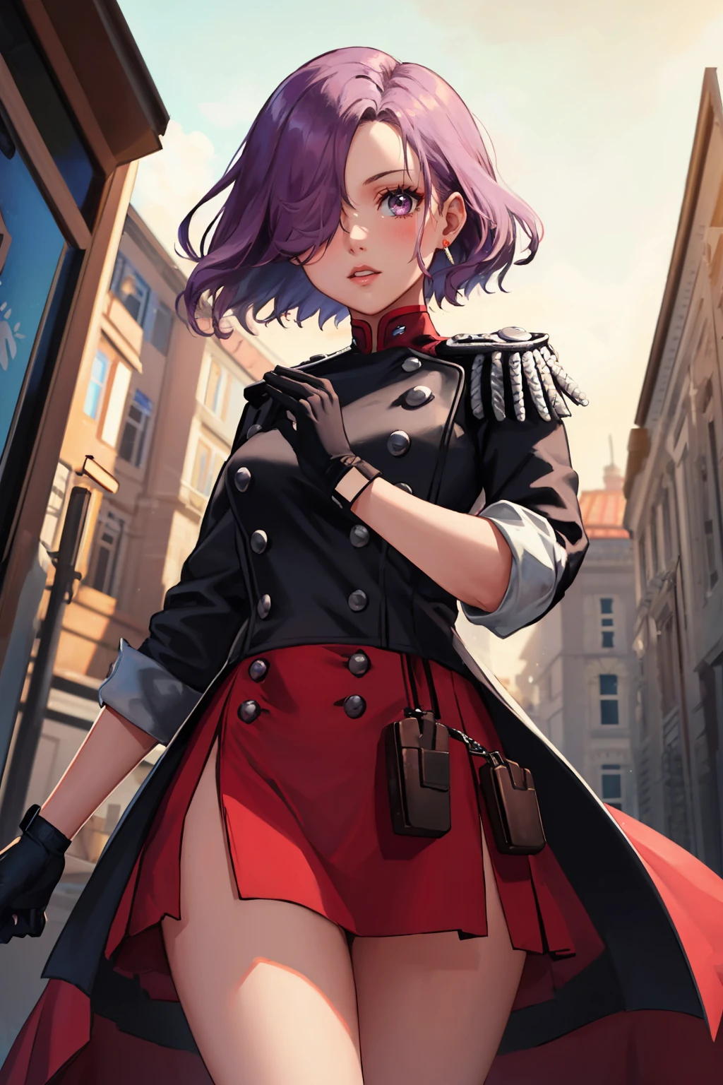 masterpiece, best quality, 1girl, cowboy shot
<lora:zs_Erina:1> erinap5t, short hair, hair over one eye, purple hair, jacket, skirt, gloves, jewelry