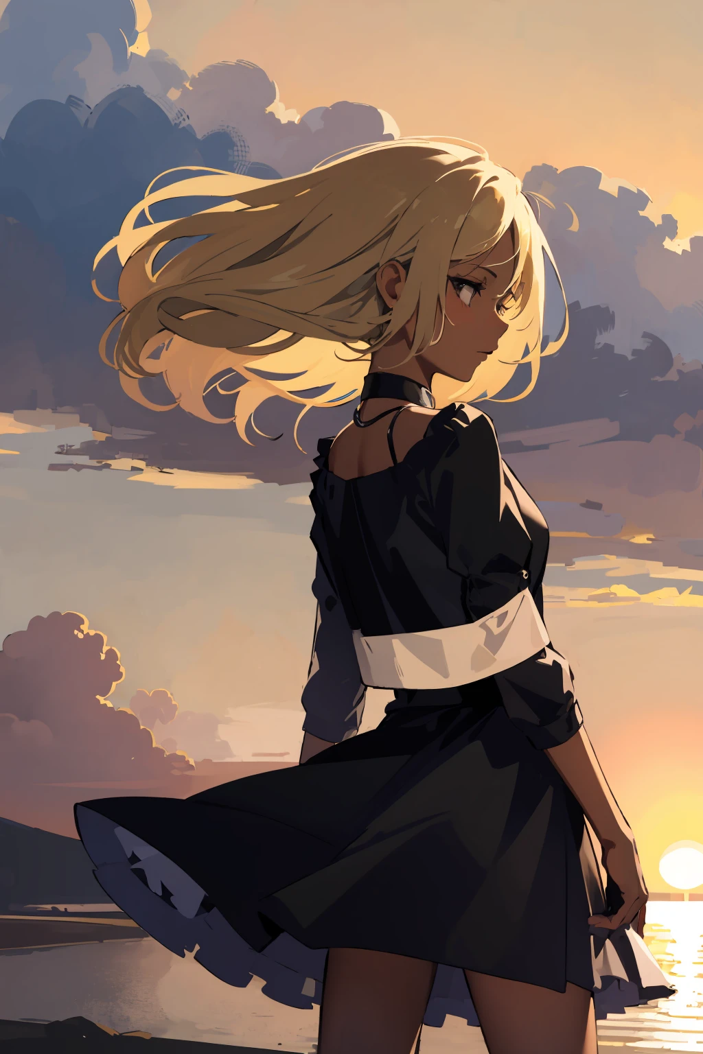 masterpiece,high quality,highres,1girl,solo,<lora:wind-leftside-v1-wasabiya:1>,sidewind,outdoors,from behind ,dark skin, dark-skinned female ,(black eyes , blonde hair),medium hair ,sunrise ,