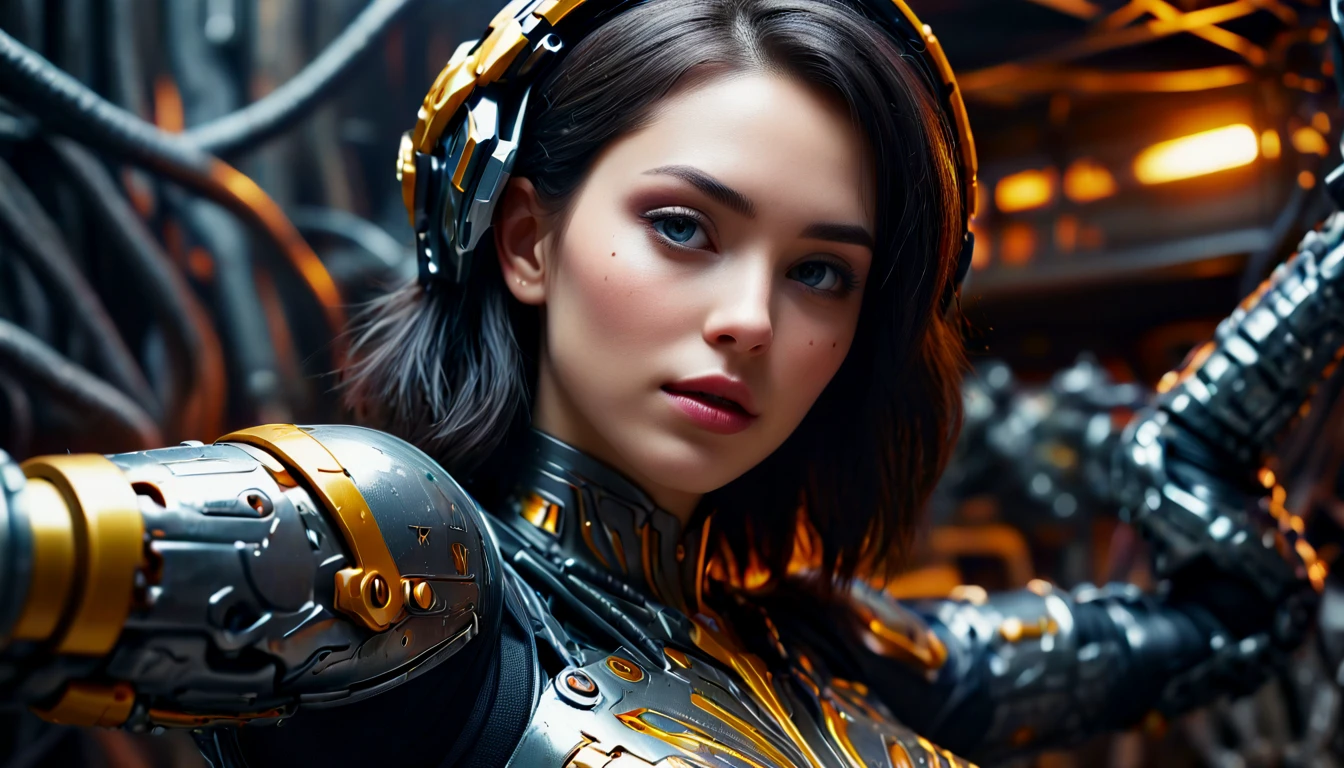 Natural oil painting, high perspective, close-up, photo of a cyber girl in steel armor in space ship, dynamic action heroic pose, visible mechanical steel organs, visible bones, red neon blood vessels, black Bob haircut, detailed fingers, wind, detailed face, detailed eyes and iris, liquid electric, huge liquid gold+black oil and droplets, cyberpunk techno style, psychedelic, dark noir style, masterpiece, studio lighting, soft shadows, hyper detailed, best quality, hyper detailed, hyper reallistic, (ultra realistic:2.0), fulcolor scheme, cinematic, sharp focus, shallow depth of field detailed background, HDR, ISO 100, 16k,