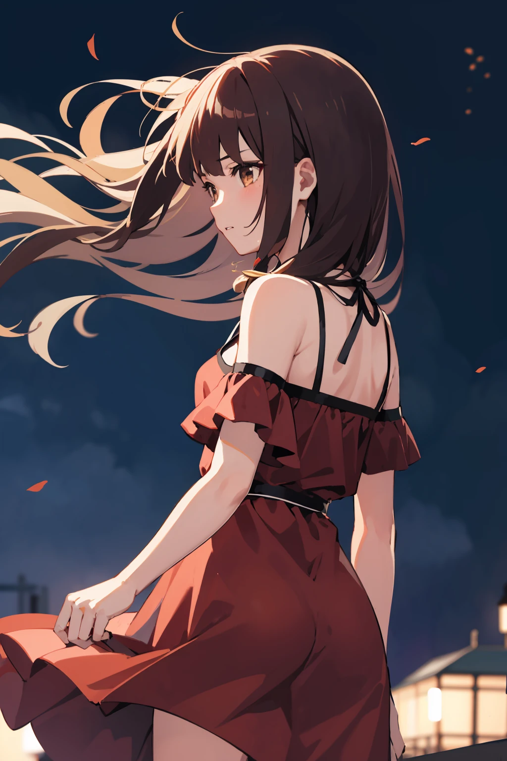 masterpiece,high quality,highres,1girl,solo,<lora:wind-leftside-v1-wasabiya:1>,sidewind,outdoors,from behind ,,(brown eyes , red hair ),long hair,night ,sundress,loose clothes,strong wind,