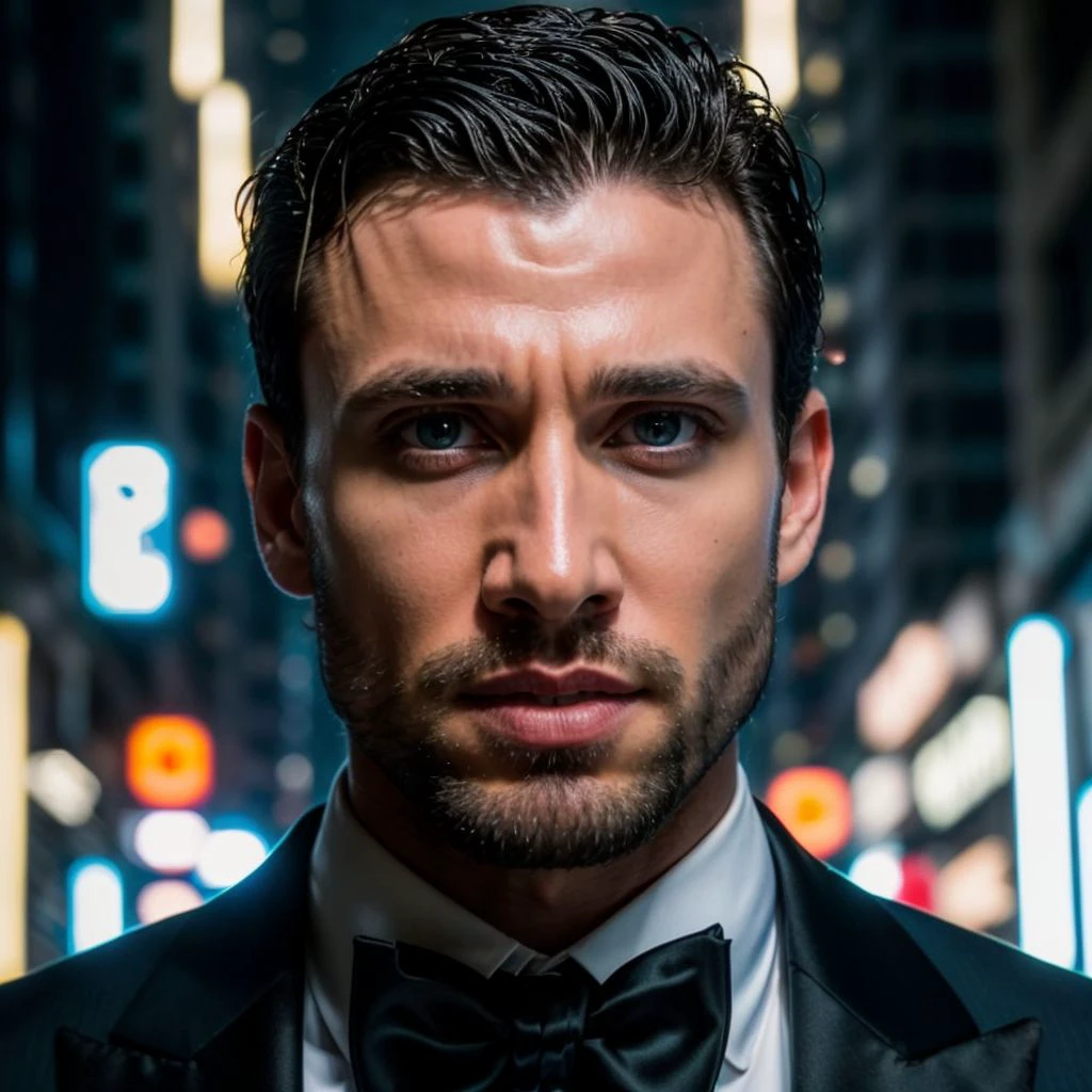 face portrait of davidezongoli person using a tuxedo, in blade runner, professional photography, high resolution, 4k, detailed photo,   <lora:davidezongoli_44550:1>