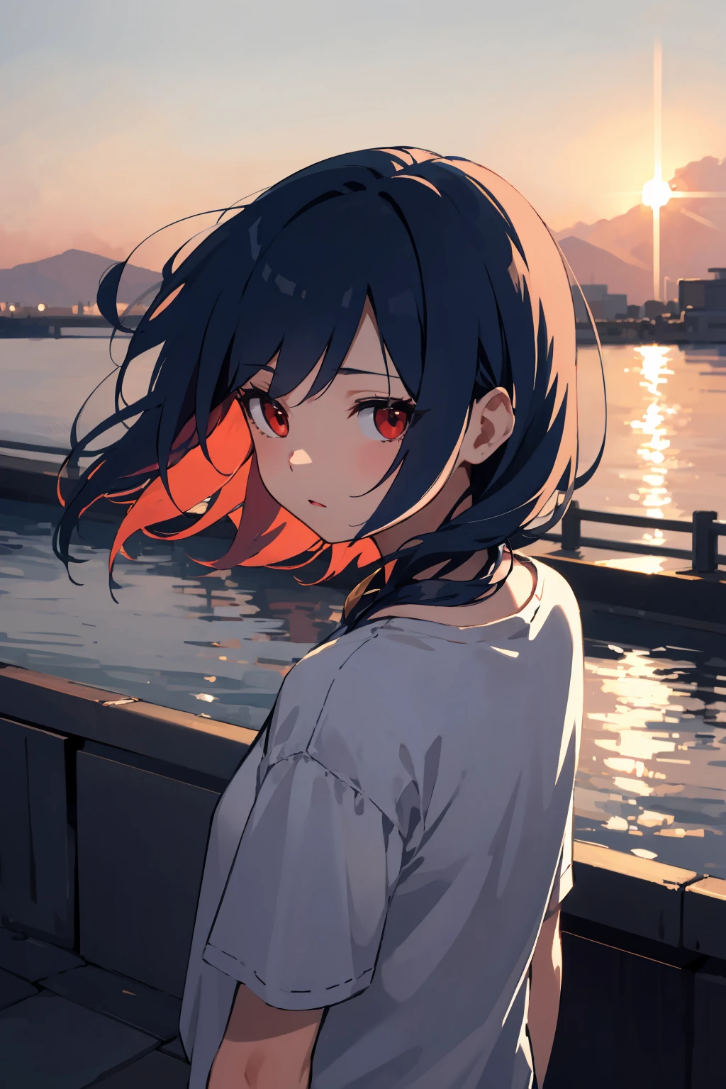 masterpiece,high quality,highres,1girl,solo,<lora:wind-leftside-v1-wasabiya:1>,sidewind,outdoors,from above ,,(red eyes , blue hair ),medium hair ,sunset,