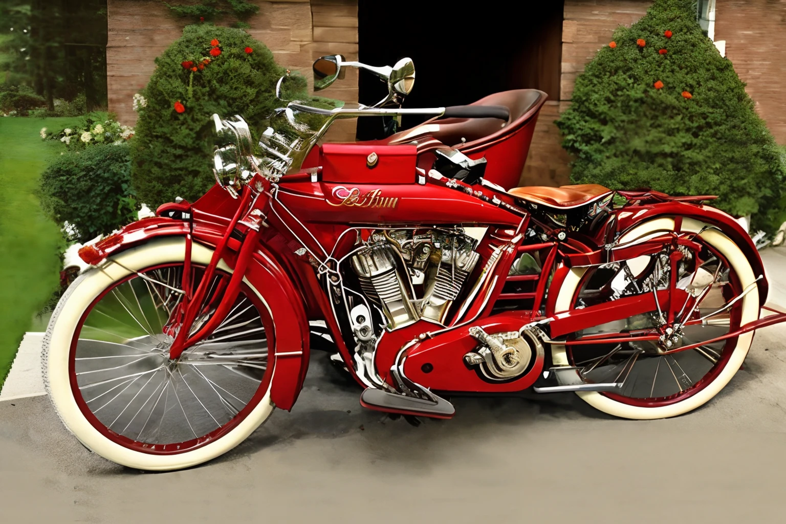 Photo of 1914indian motorcycle  parked in front of a garage for a Tudor Revival mansion <lora:1914_Indian_with_Sidecar:1>