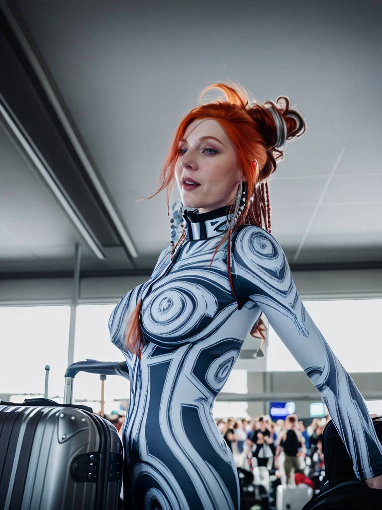 low angle, attractive ginger, bodysuit, slim waist, white hair ,white  dreads,  (big breasts), (three quarter profile:0.5), (laughing:0.7), looking at viewer, medium closeup flat stomach,   dragging rollaway suitcase in crowded airport terminal, people talking,  blurry background <lora:Tribal_Body_Suit_SD15_Panache:1>  tr1b4l_b0dy