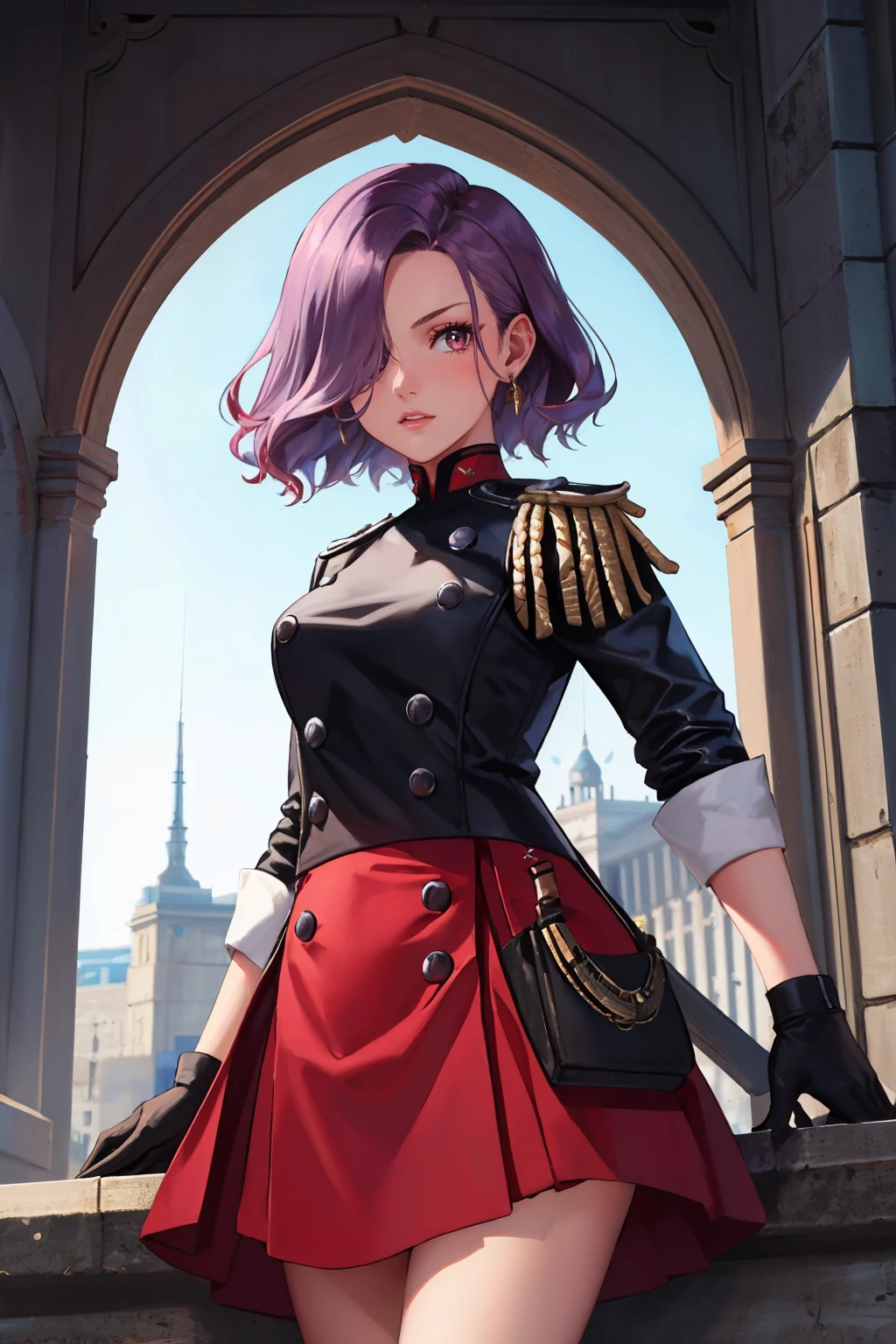 masterpiece, best quality, 1girl, cowboy shot
<lora:zs_Erina:1> erinap5t, short hair, hair over one eye, purple hair, jacket, skirt, gloves, jewelry