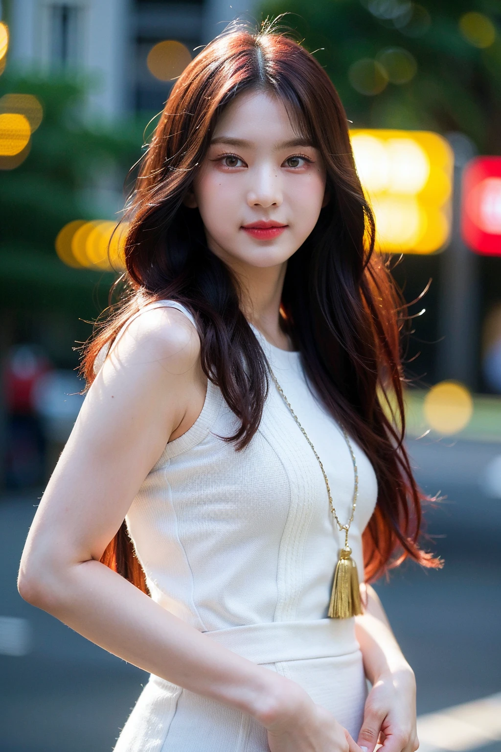 Best quality, masterpiece, ultra high res, (photorealistic), raw photo,1girl, skinny, upper body,solo, realistic, looking at viewer, long hair, bokeh background, city streets,brown eyes, bohemian dress, <lora:makina69_isa_v1.0:1>