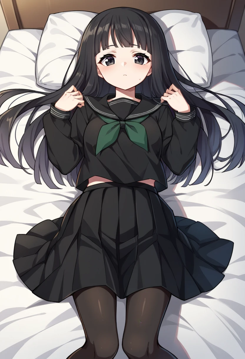 score_9, score_8_up, score_7_up, source_anime BREAK Rinne, long hair, black hair, black eyes, black serafuku, pantyhose, black skirt, green necktie, white stripes, lying on bed <lora:RinneLocon-000010:1>