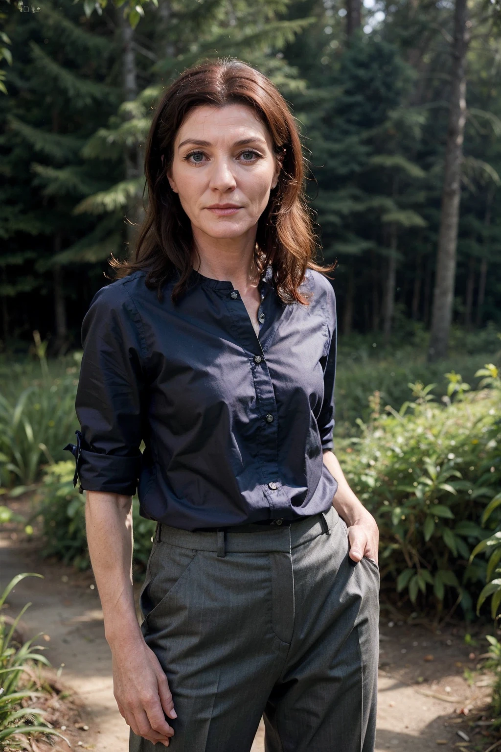 michellefairley,a mature woman wearing bodysuit and trousers, forest, (natural lighting:0.5) <lora:michellefairley:0.7>