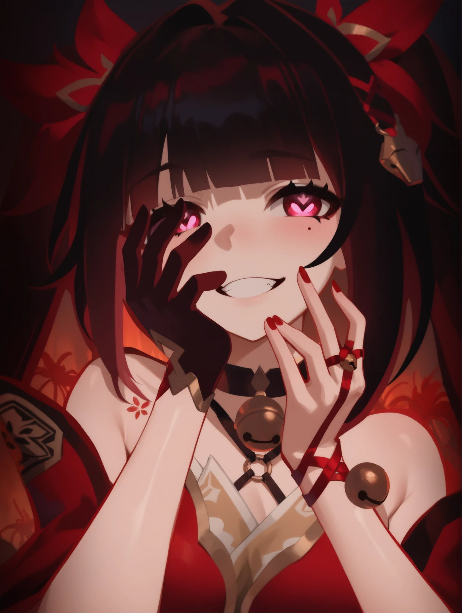 masterpiece, high quality, 1girl, amazing cinematic, sparklehsr, evil, menacing, glowing eyes, yandere, holding face, red gold-trimmed kimono, o-ring halterneck, hair ornaments, well-drawn hands, fingers, bare hand, thumbs, mole under both eyes, red string, flower tattoo, neck bell, red fox mask on head, butterfly-shaped pupils, brown gradient hair, ominous red lighting, scary, grinning, spider lily flowers, <lora:Sparkle_Animagine_v030:1>,