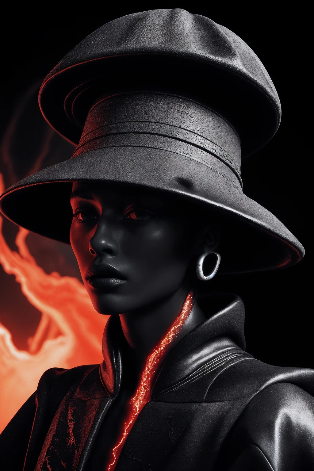 portrait of a Balenciaga model wearing a futuristic hat from an erupting volcano, flowing lava, editorial portrait, baroque dress, minimalism , soft diffused light, black stone and lava outfit, minimalism, editorial photography, surreal portrait, gradient backgrounds