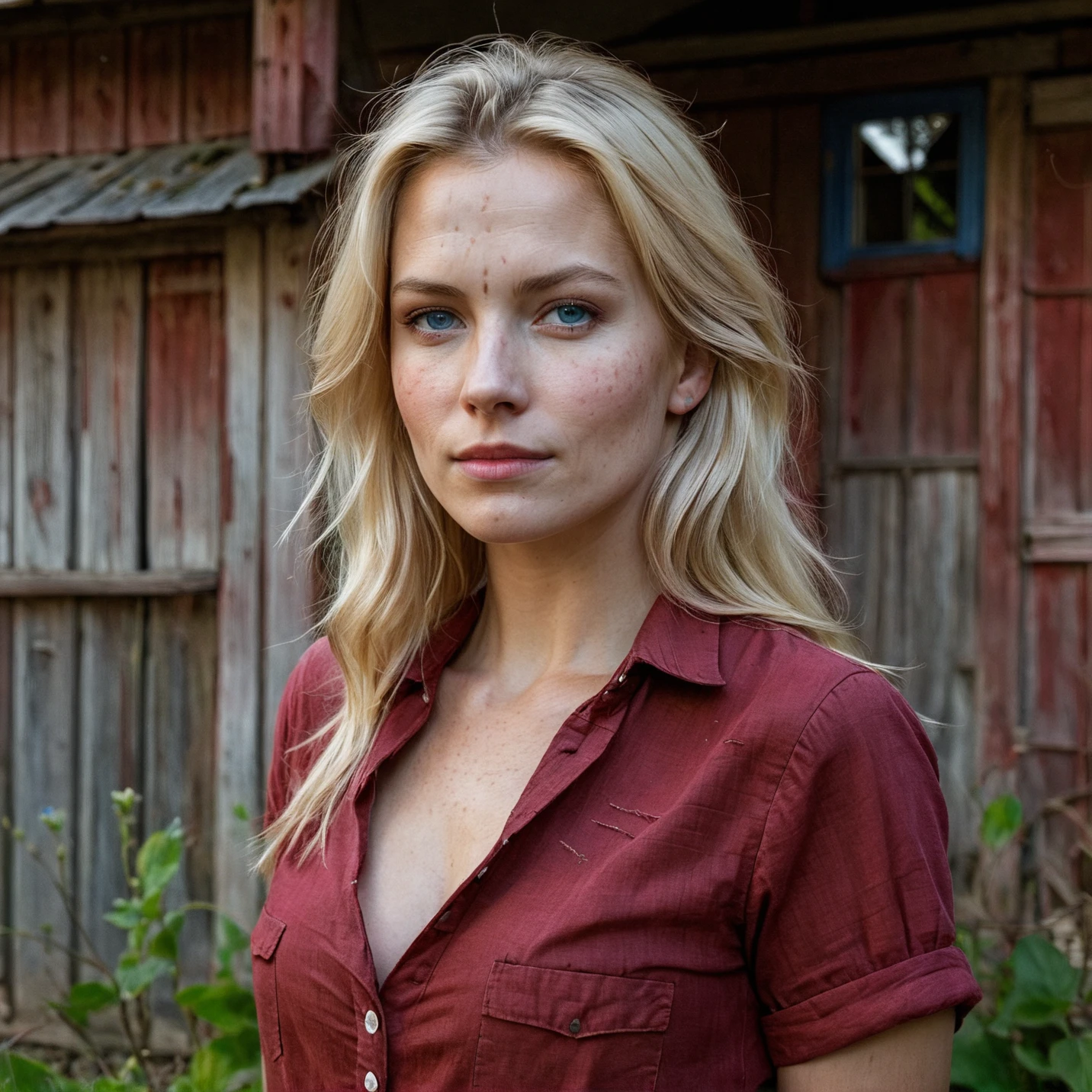 RAW photo, portrait of a beautiful blonde woman wearing a crimson shirt  standing in the front garden of an old wooden farmhouse, full sharp, detailed face, blue eyes, (high detailed skin:1.2), 8k uhd, dslr, soft lighting, high quality, film grain, Fujifilm XT3
<lora:polyhedron_old_wood-000005:0.8>
pale skin, skin pores, oiled shiny skin, skin blemish, imperfect skin, intricate skin details, visible skin detail, detailed skin texture, blush, wrinkles, vitiligo spots, moles, whiteheads, blackhead, white pimples, red pimples, beauty spot, skin fuzz, [[[[[freckles]]]]] (perfect eyes), ((perfect hands with four fingers and one thumb each))